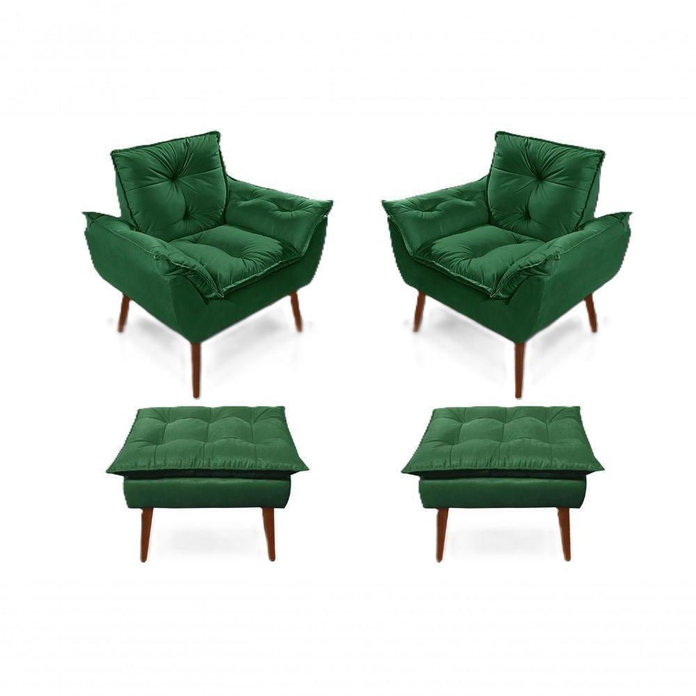 2 Poltronas Opala com 2 Puff Decorativas Confortáveis para Sala, Quarto, Recepção - Suede Luxo Verde - 1