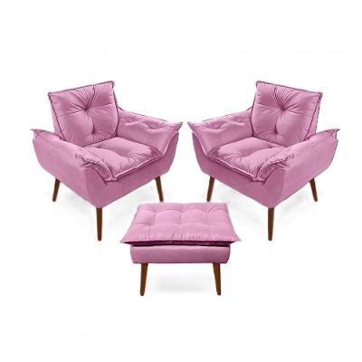 2 Poltronas Opala com 1 Puff Decorativas Confortáveis para Sala, Quarto, Recepção - Suede Luxo Rosa