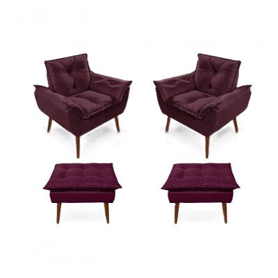 2 Poltronas Opala com 2 Puff Decorativa Confortável para Sala Quarto Recepção Suede Luxo Bordô