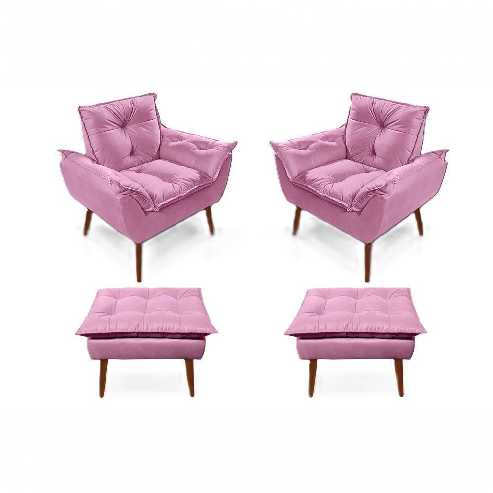 2 Poltronas Opala Com 2 Puff Decorativa Confortável Para Sala Quarto Recepção Suede Luxo Rosa - 1