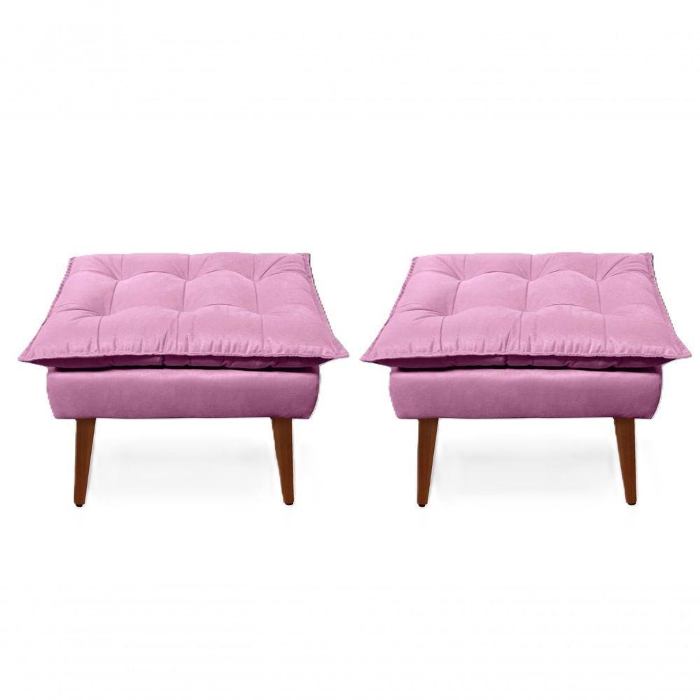 2 Poltronas Opala Com 2 Puff Decorativa Confortável Para Sala Quarto Recepção Suede Luxo Rosa - 2