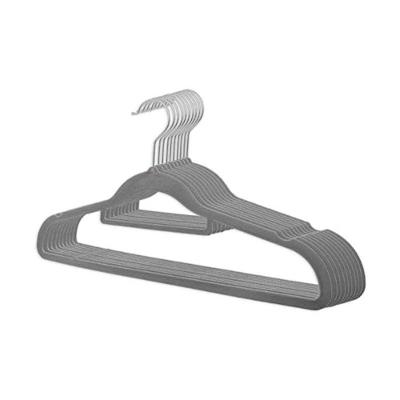 Kit Com 10 Cabides Slim Veludo Flocado Cinza Gancho De Metal