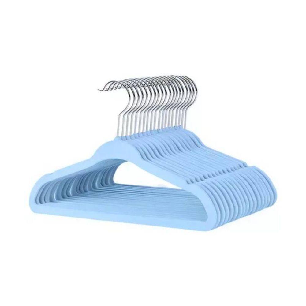 Kit Com 10 Cabides Slim Veludo Infantil Azul Gancho De Metal - 1