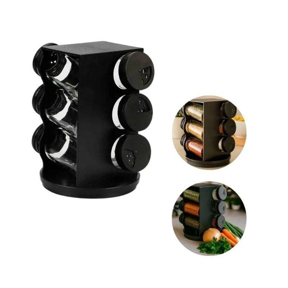 Porta Condimentos Giratório Plástico Preto Com 06 Potes 80ml - 1