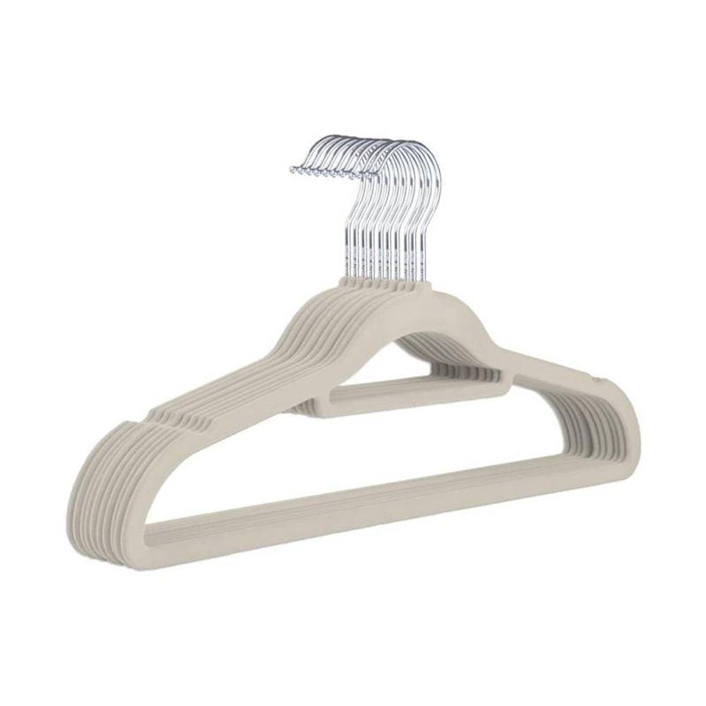 Kit Com 10 Cabides Slim Veludo Flocado Bege Gancho De Metal - 1