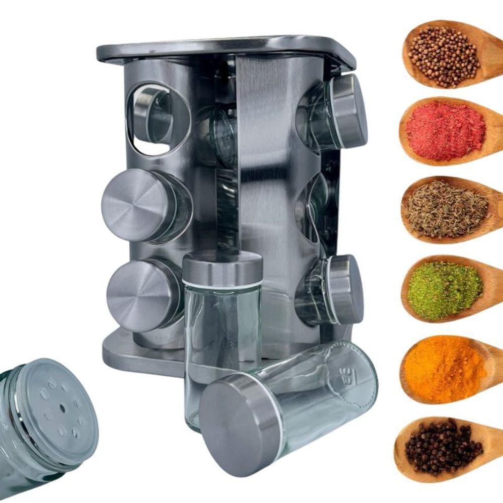 Porta Tempero E Condimentos Giratório Inox 12 Potes De Vidro - 1