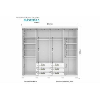 Guarda Roupa Casal Master 8.6 8 Portas de Bater 6 Gavetas Branco Santos Andirá