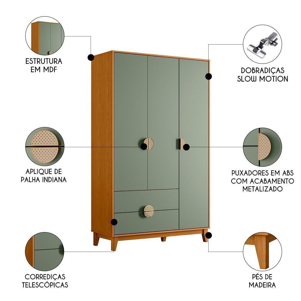 Guarda Roupa Solteiro 3 Portas 2 Gavetas 120cm Ipê Cinamomo/sálvia - Albatroz - 9