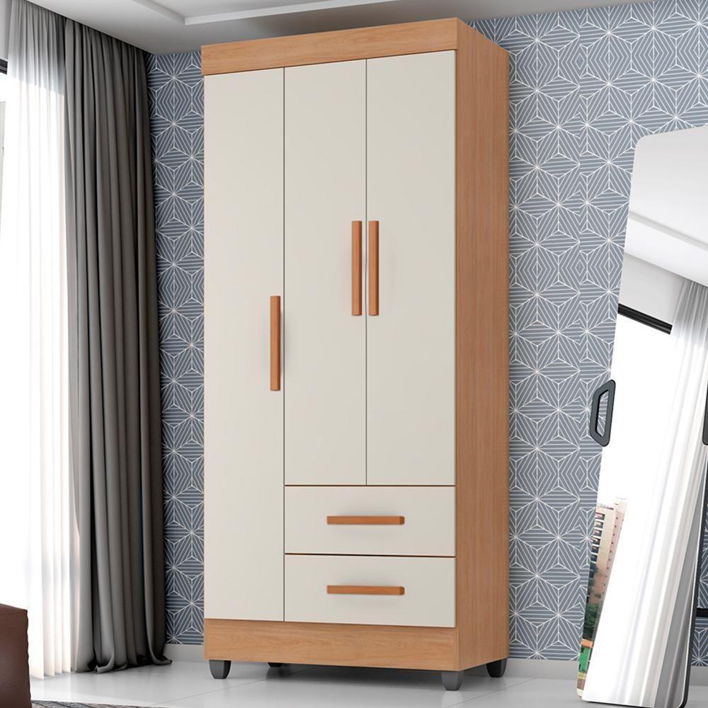 Guarda Roupa Solteiro Lite 3 Portas E 2 Gavetas Nature/off White - Móveis Leão Nature/off White - 2