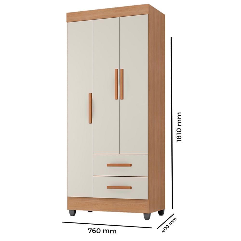 Guarda Roupa Solteiro Lite 3 Portas E 2 Gavetas Nature/off White - Móveis Leão Nature/off White - 4