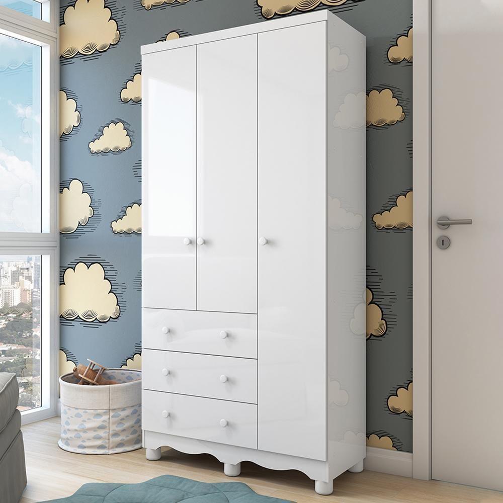 Guarda Roupa Infantil Júnior 3 Portas E 3 Gavetas Branco Brilho - Móveis Peroba - 2