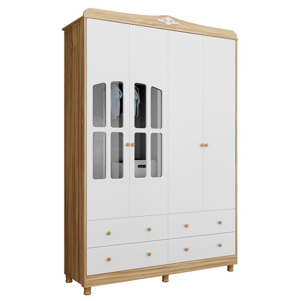 Guarda Roupa Infantil Elô 4 Portas Com Janelas E 4 Gavetas Branco Brilho/amêndoa - Móveis Peroba - 1