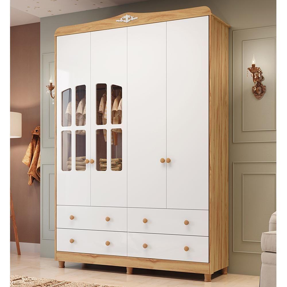 Guarda Roupa Infantil Elô 4 Portas Com Janelas E 4 Gavetas Branco Brilho/amêndoa - Móveis Peroba - 2