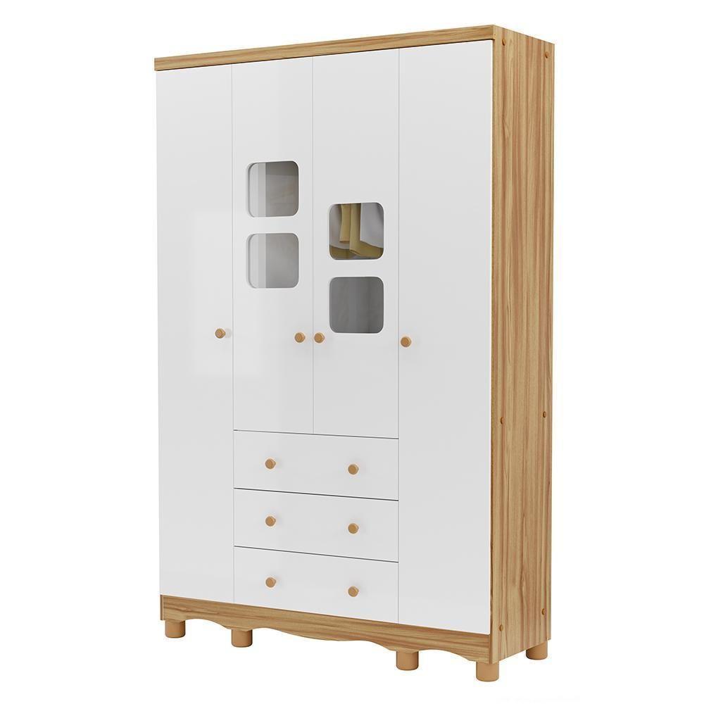 Guarda Roupa Infantil Uli New 4 Portas E 3 Gavetas Branco Brilho/amêndoa - Móveis Peroba - 1