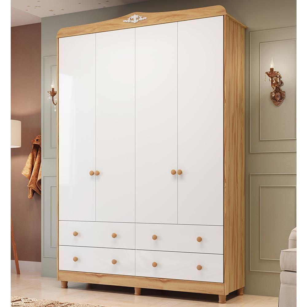 Guarda Roupa Infantil Elô 4 Portas E 4 Gavetas Branco Brilho/amêndoa - Móveis Peroba - 2