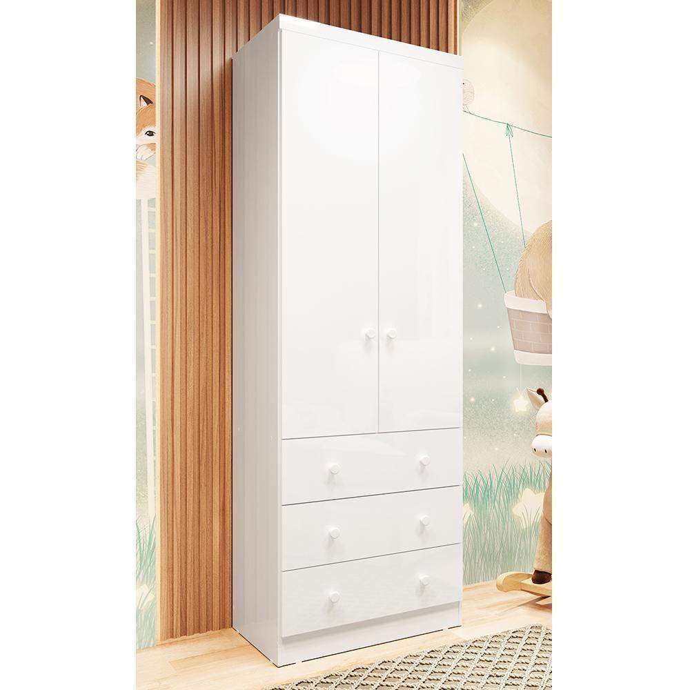 Guarda Roupa Infantil Júnior 2 Portas E 3 Gavetas Branco Brilho - Móveis Peroba - 2