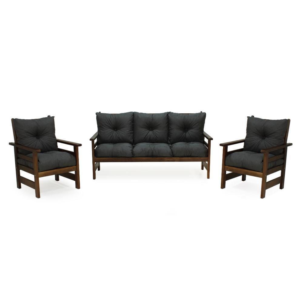 Conjunto Sofá Havaí 3 Lugares + 2 Poltronas De Madeira Com Almofadas Confortáveis - Cinza - 1