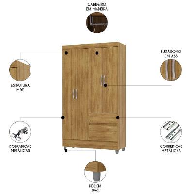 Guarda Roupa Solteiro Ideal Nature 4 Portas de Bater 2 Gavetas MDF Vila Rica