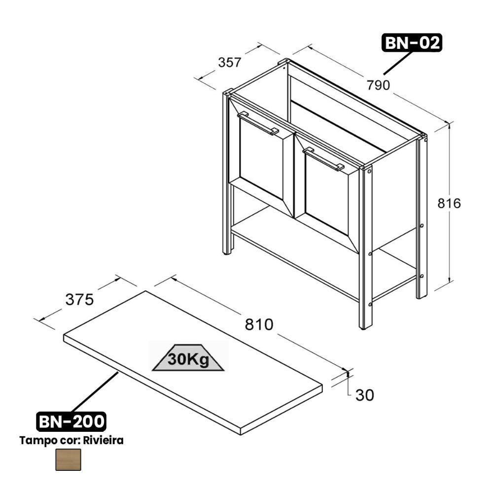 Aparador Buffet Ditália 2 Portas Com Tampo Bn-02 Cinza - 3