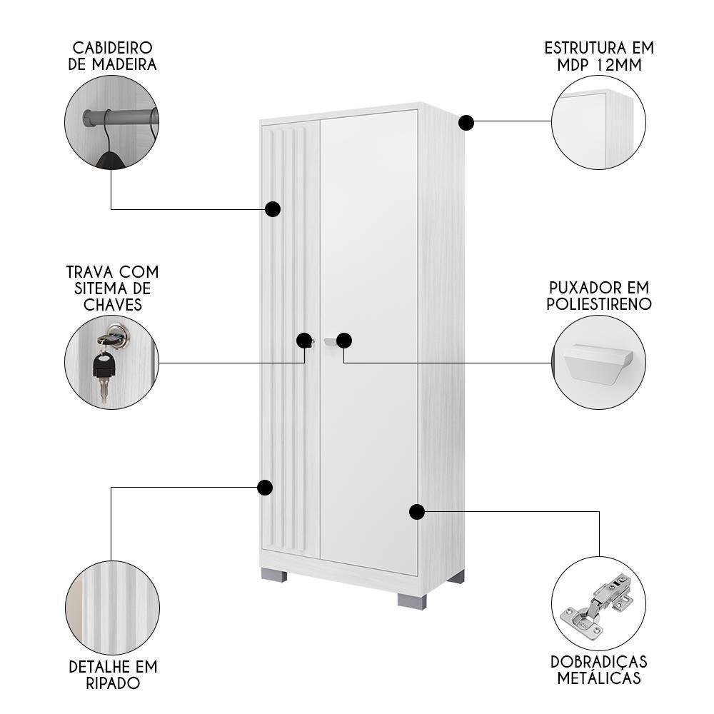 Guarda Roupa Solteiro 2 Portas Com Chave Versus Carvalho Branco/branco - Incorplac - 3