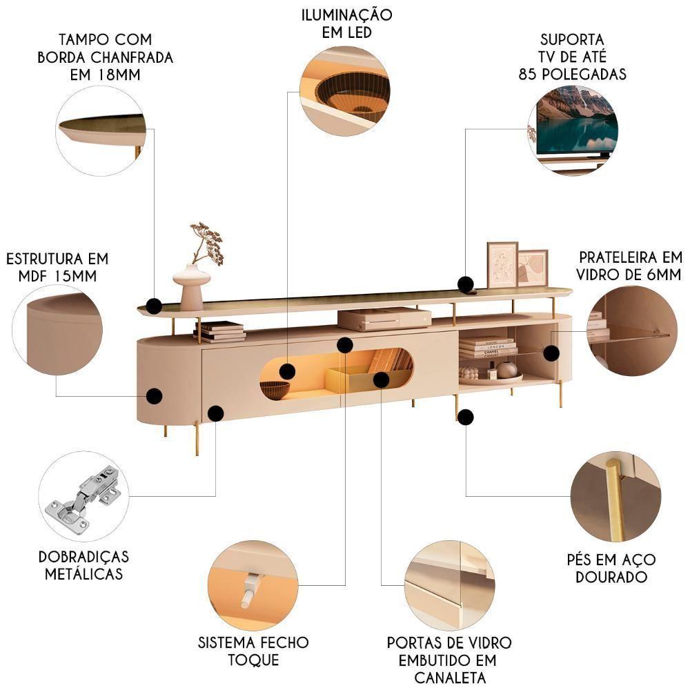 Rack Tv 85 Pol 220cm 2 Portas Com Led Dalya Off/champanhe H01 - Mpozenato - 3