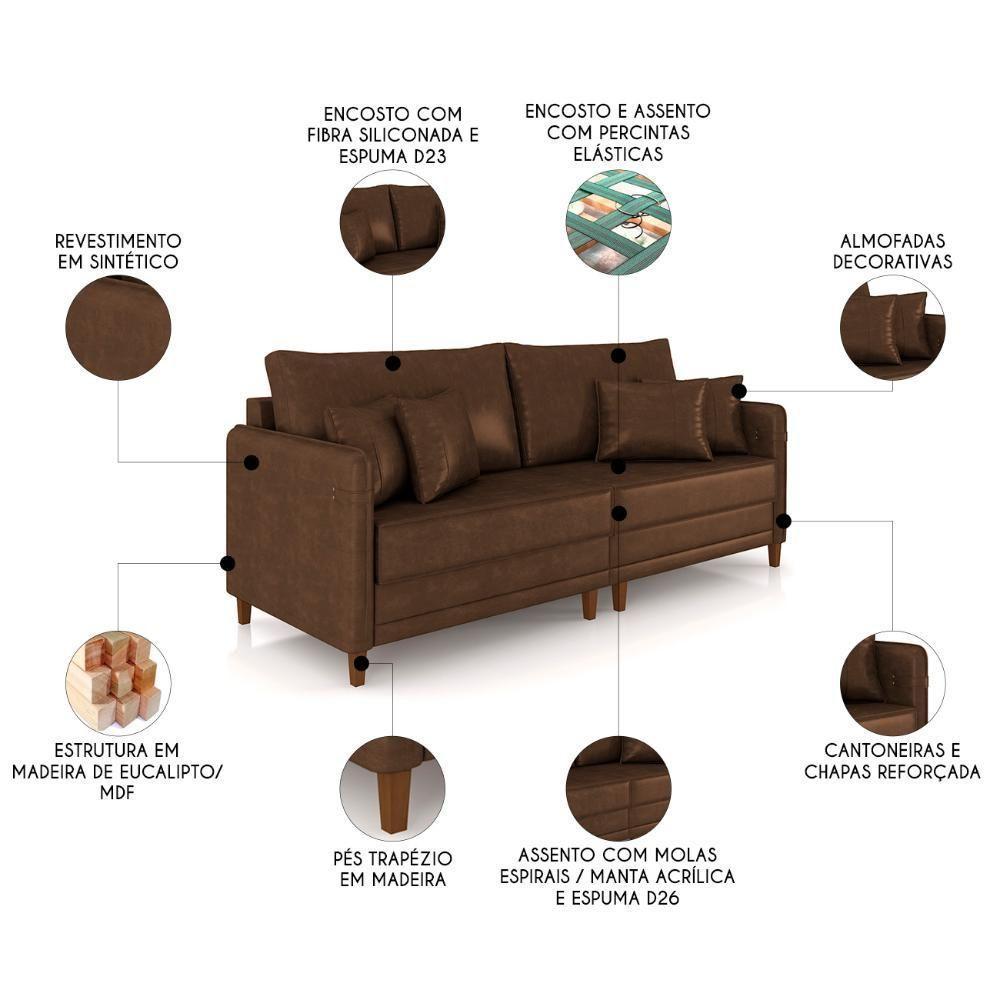 Sofá 4 Lugares Living 252cm Pé Madeira Zoe Sintético Marrom Z08 - Mpozenato - 3