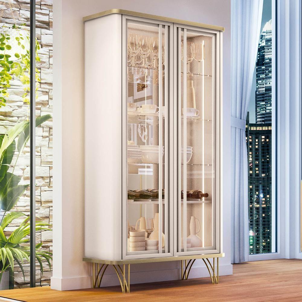 Cristaleira De Vidro Com Espelho E Led Alvora Off/champanhe H01 - Mpozenato - 2