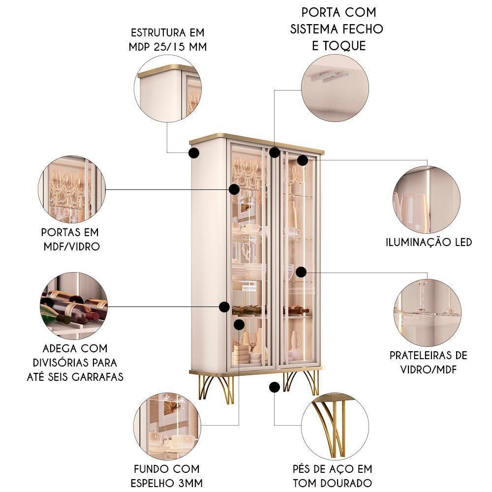 Cristaleira De Vidro Com Espelho E Led Alvora Off/champanhe H01 - Mpozenato - 3
