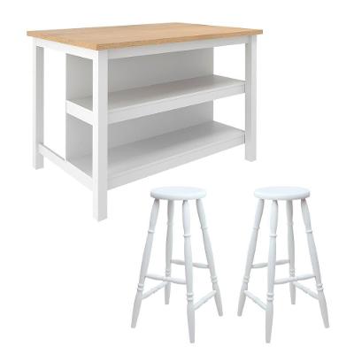 Ilha Cozinha + 2 Banquetas Ditália 2 Prateleiras Branco Cd-1019
