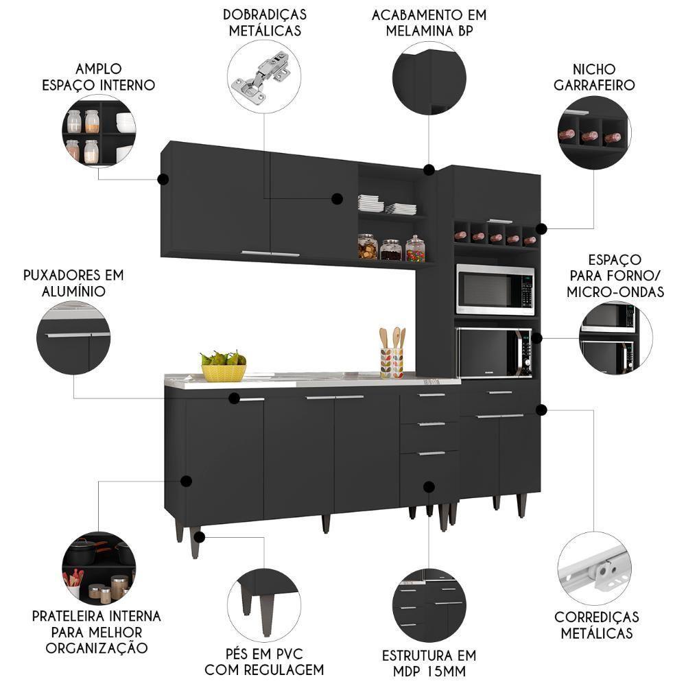 Armário De Cozinha Cp02 Com Pia 150cm Pérola Z34 Preto - Mpozenato - 3