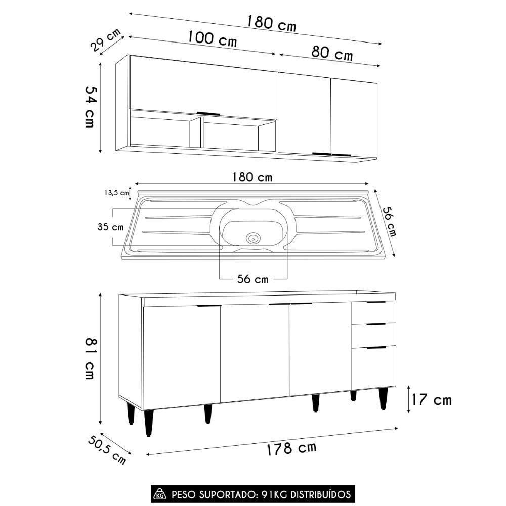Armário De Cozinha Cp01 Com Pia 180cm Pérola Z34 Branco - Mpozenato - 4