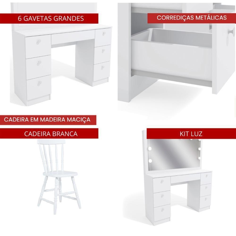 Penteadeira Ditália 7 Gavetas Com Cadeira + Kit Luz Pe-80 Branco - 7