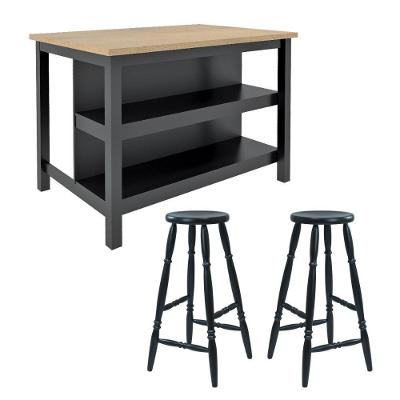 Ilha Cozinha + 2 Banquetas Ditália 2 Prateleiras Preto Cd-1019