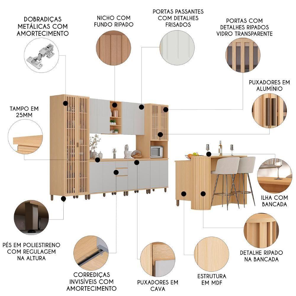 Armário De Cozinha 8 Peças Cp02 Com Ilha Pierre Carvalho/cinza L01 - Mpozenato - 3