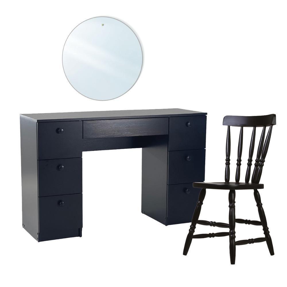 Penteadeira Ditália Com Cadeira + Espelho Redondo Pe-100 Preto - 1