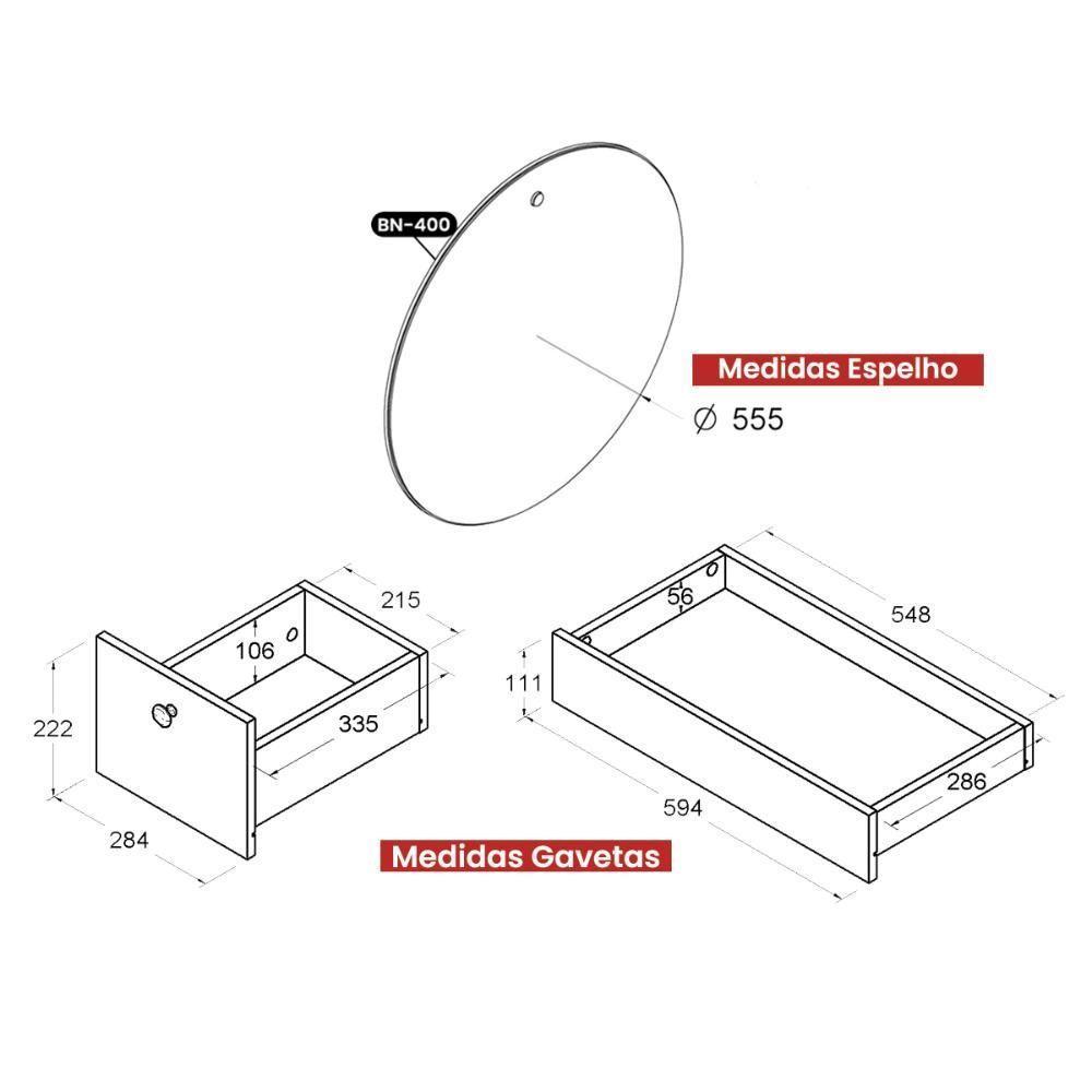 Penteadeira Ditália Com Cadeira + Espelho Redondo Pe-100 Preto - 6