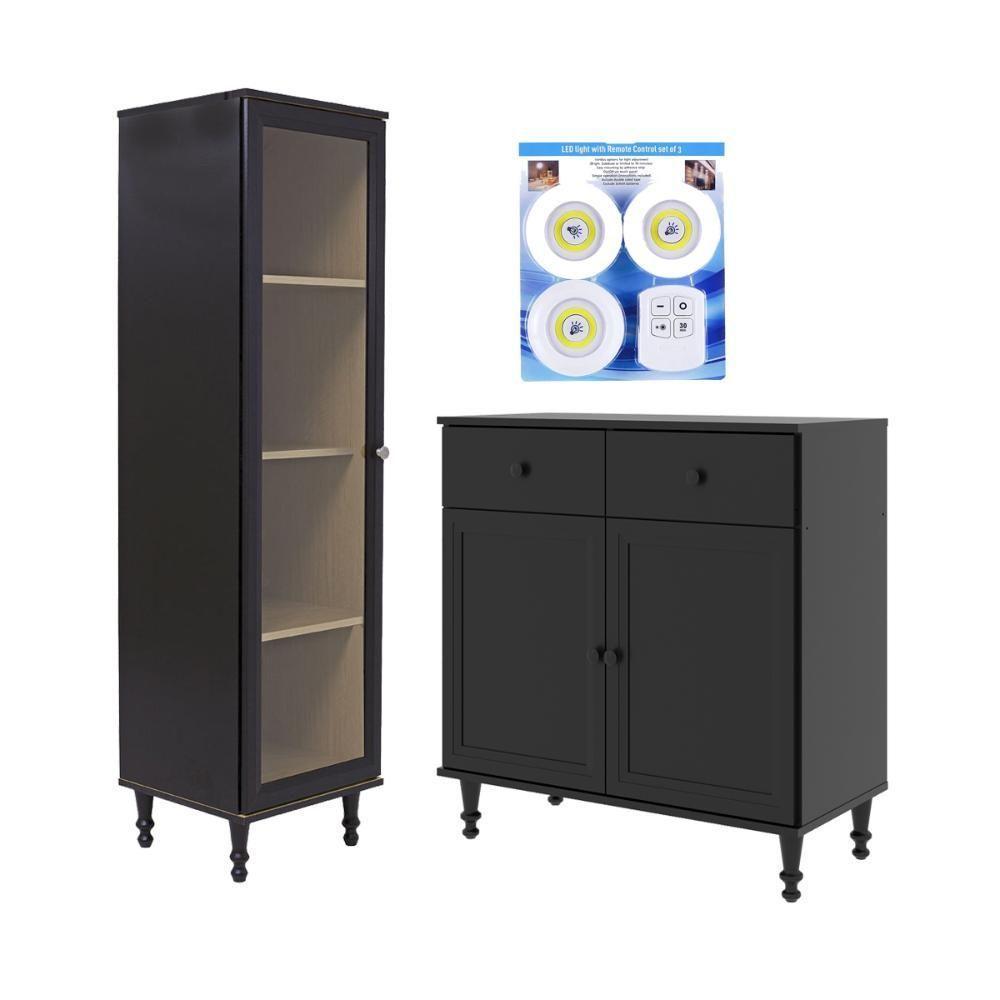 Cristaleira + Aparador Ditália + Kit Luz E-963 + R-629 Preto - 1