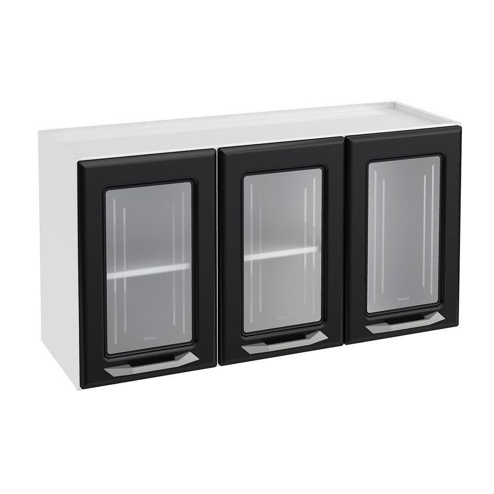 Módulo Cozinha Telasul Topázio Armário  3 Portas c/ Vidro Branco/Preto - 1