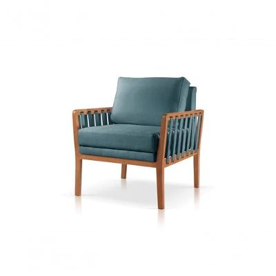 Poltrona Perla Linho Azul Decorativa Sala Estar Confort