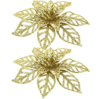 Kit 24 Flores Douradas Gliter Decoração árvore De Natal 14cm