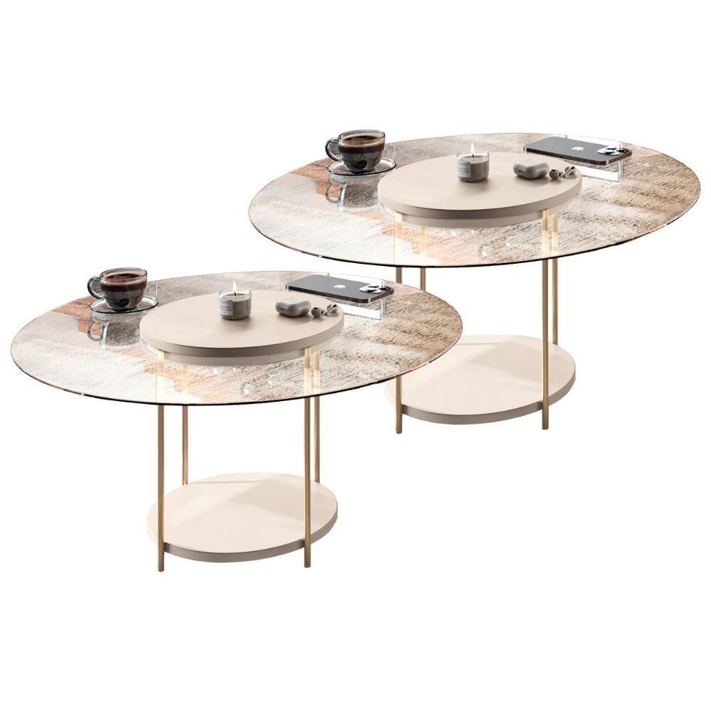 Kit 02 Mesas De Centro Para Sala Redonda Tampo Vidro Pés Aço Allure B01 Off White - Lyam Decor - 1