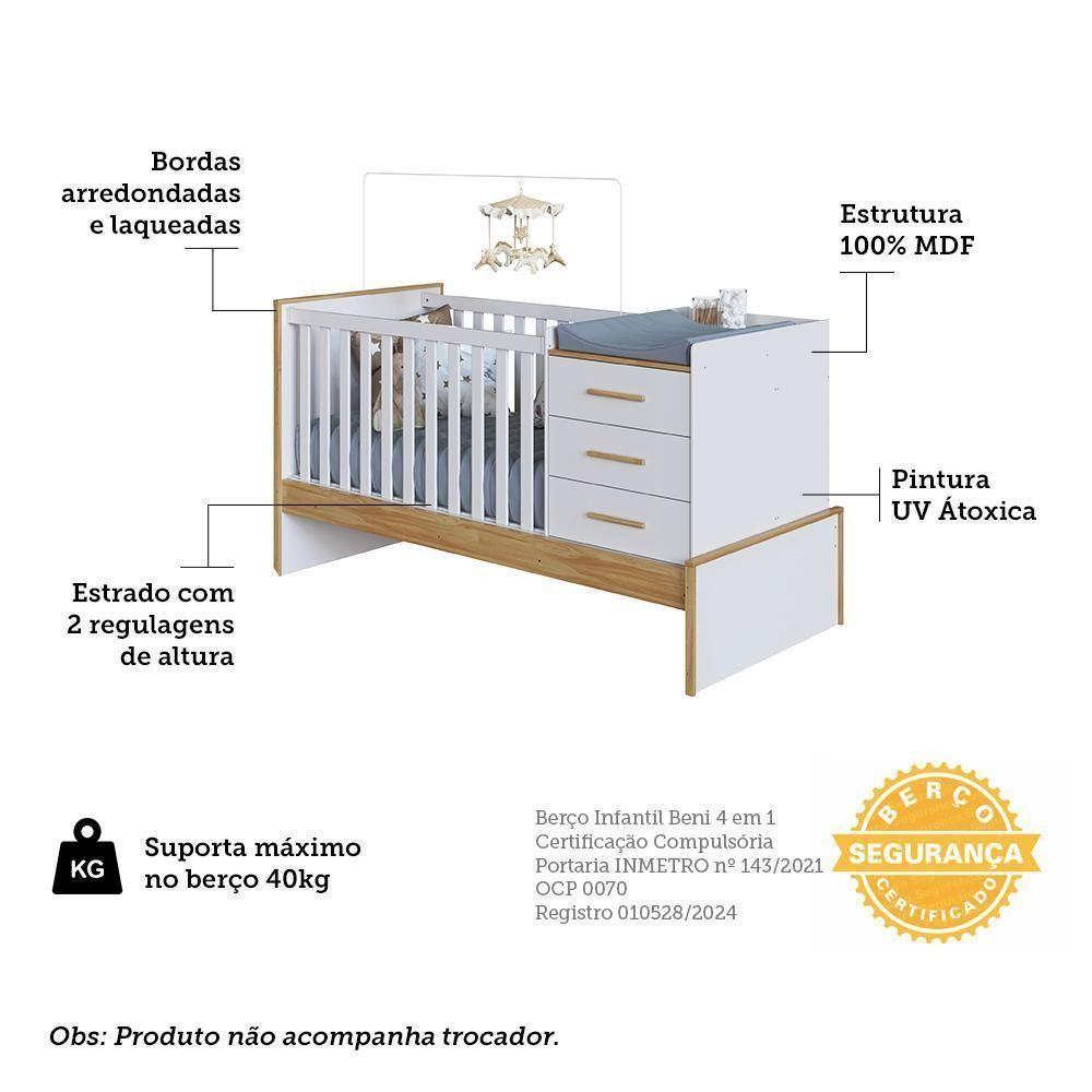 Berço Multifuncional Beni 4 Em 1 Branco Brilho/amêndoa Com 3 Gavetas E Colchão Supreme - Móveis Peroba - 3