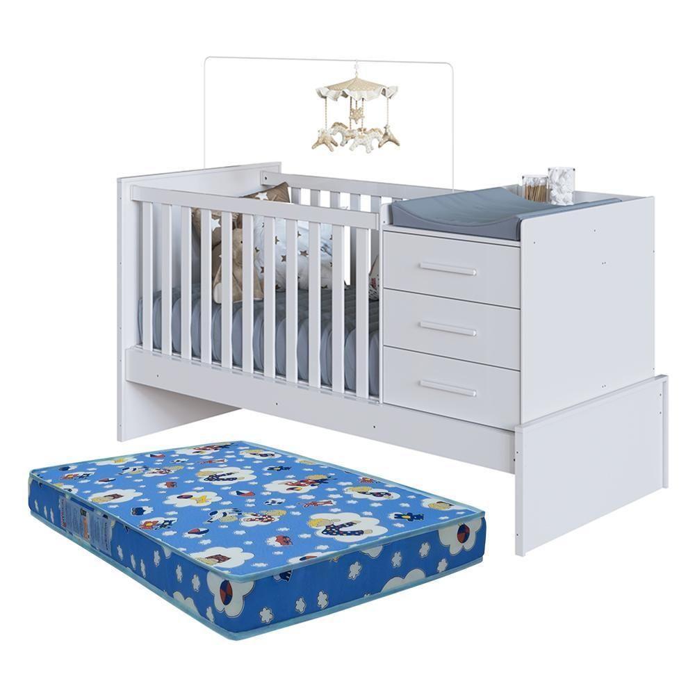 Berço Multifuncional Beni 4 Em 1 Branco Brilho Com 3 Gavetas E Colchão Baby Physical - Móveis Peroba - 1