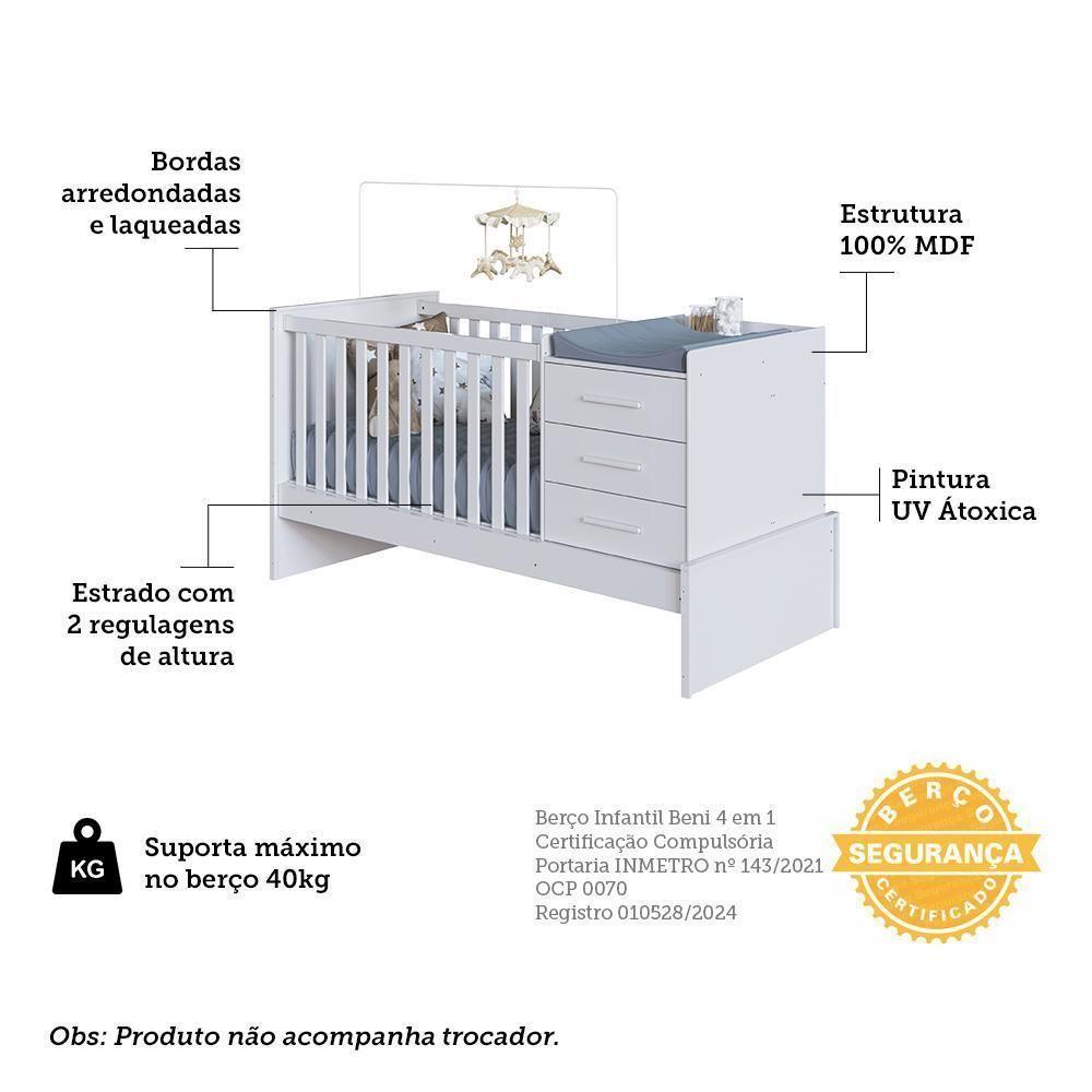 Berço Multifuncional Beni 4 Em 1 Branco Brilho Com 3 Gavetas E Colchão Baby Physical - Móveis Peroba - 3