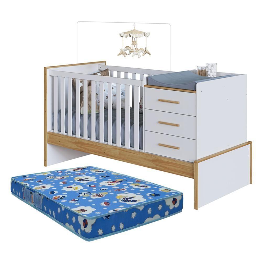 Berço Multifuncional Beni 4 Em 1 Branco Brilho/amêndoa Com 3 Gavetas E Colchão Baby Physical - Móveis Peroba - 1