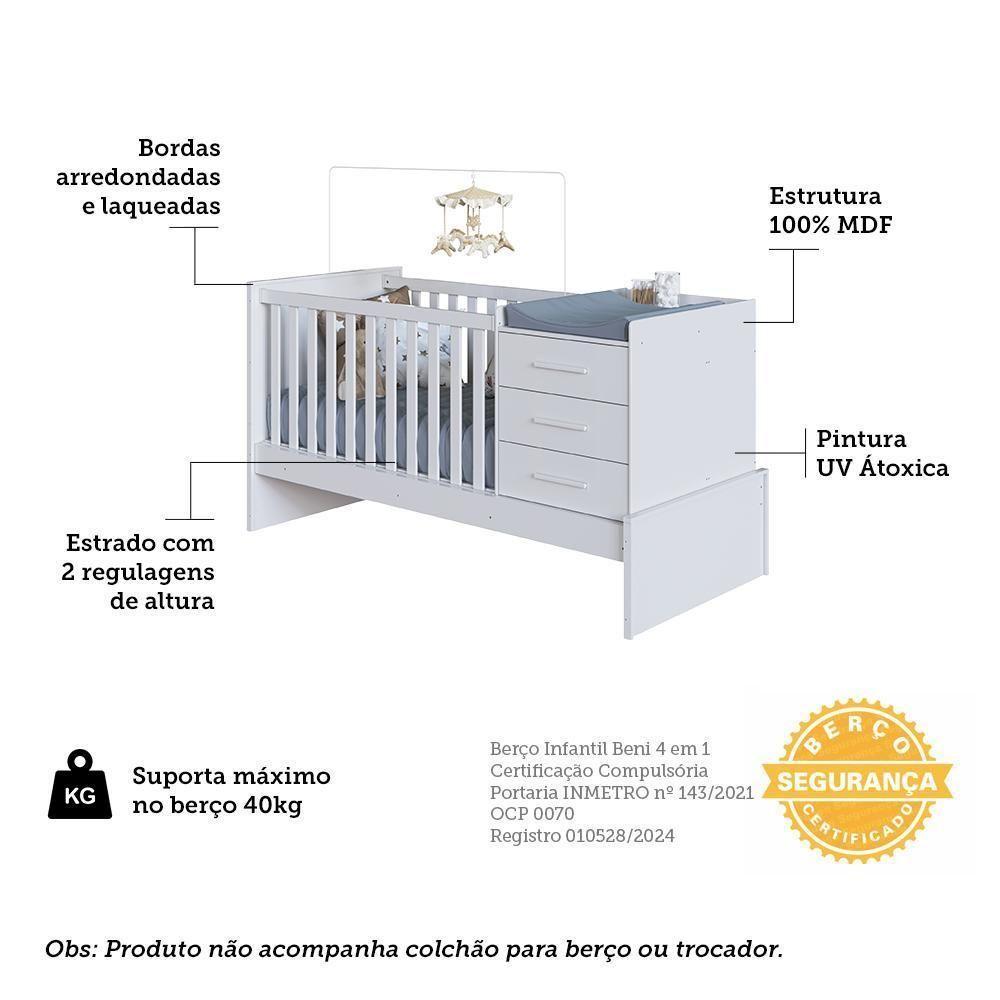 Berço Multifuncional Beni 4 Em 1 Com 3 Gavetas Branco Brilho - Móveis Peroba - 3