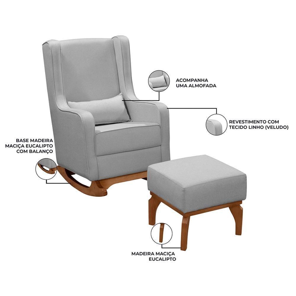 Poltrona De Amamentação Retrô Com Balanço Pés Canoa E Puff Linho Cinza - Fratello - 6