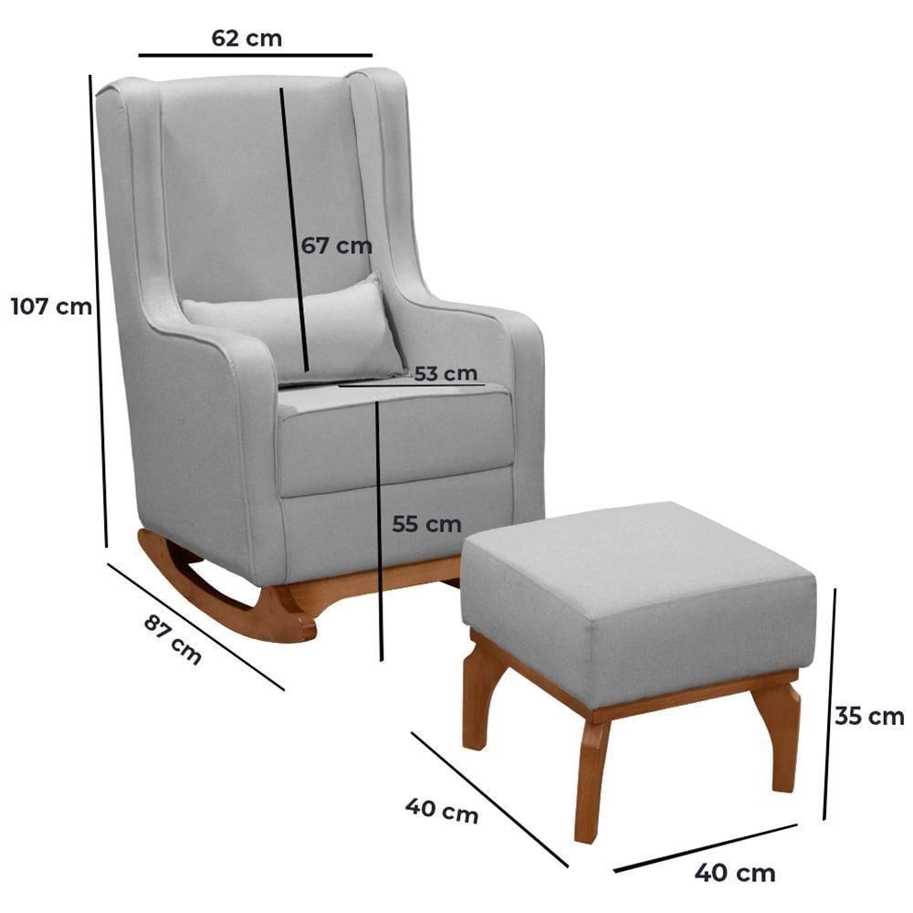 Poltrona De Amamentação Retrô Com Balanço Pés Canoa E Puff Linho Cinza - Fratello - 7