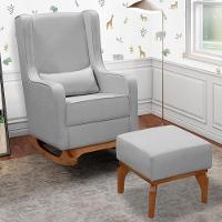 Poltrona De Amamentação Retrô Com Balanço Pés Canoa E Puff Linho Cinza - Fratello - 2