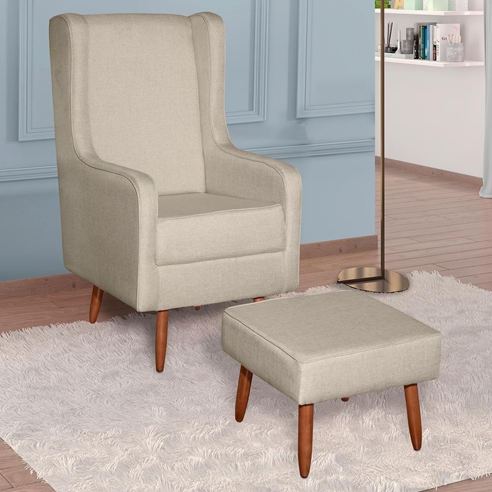 Poltrona De Amamentação Retrô Com Pés Palito E Puff Linho Bege - Fratello - 1